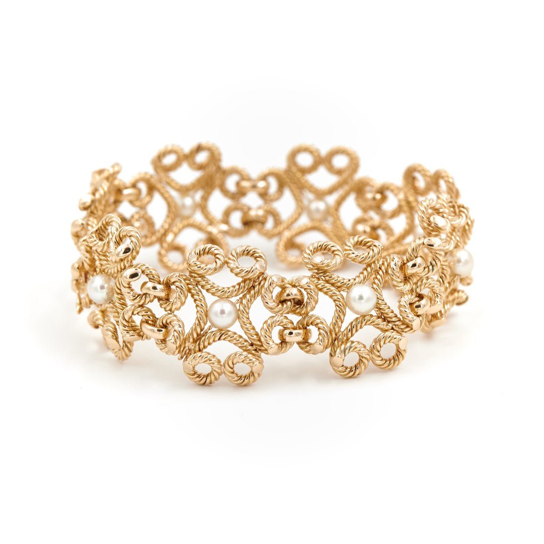 Bracelet Manchette fil torsadé en or jaune et perles - Castafiore