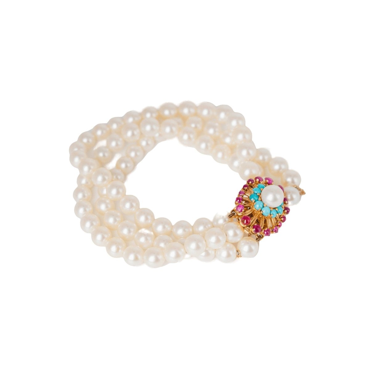 Bracelet perles cultivées 3 rangées fermoir or jaune, rubis et turquoise - Castafiore
