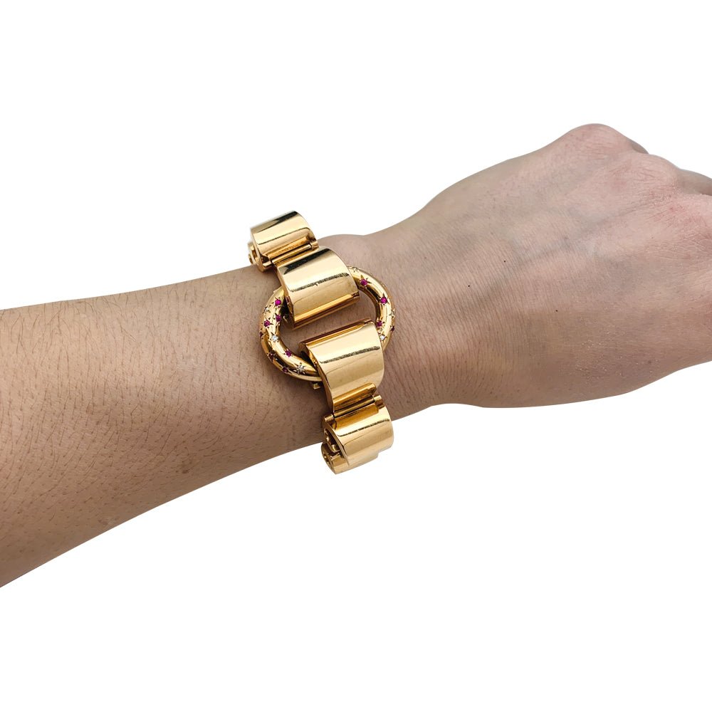 Bracelet Tank en or rose, diamants et pierres rouges - Castafiore