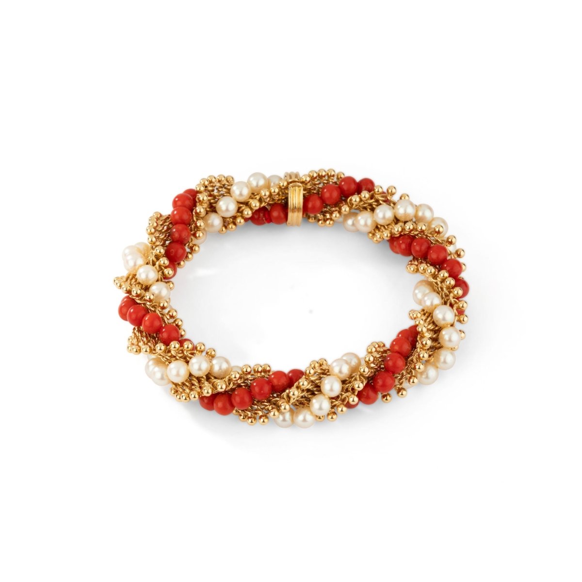 Bracelet VAN CLEEF & ARPELS "Twist" en or jaune, corail et perles - Castafiore