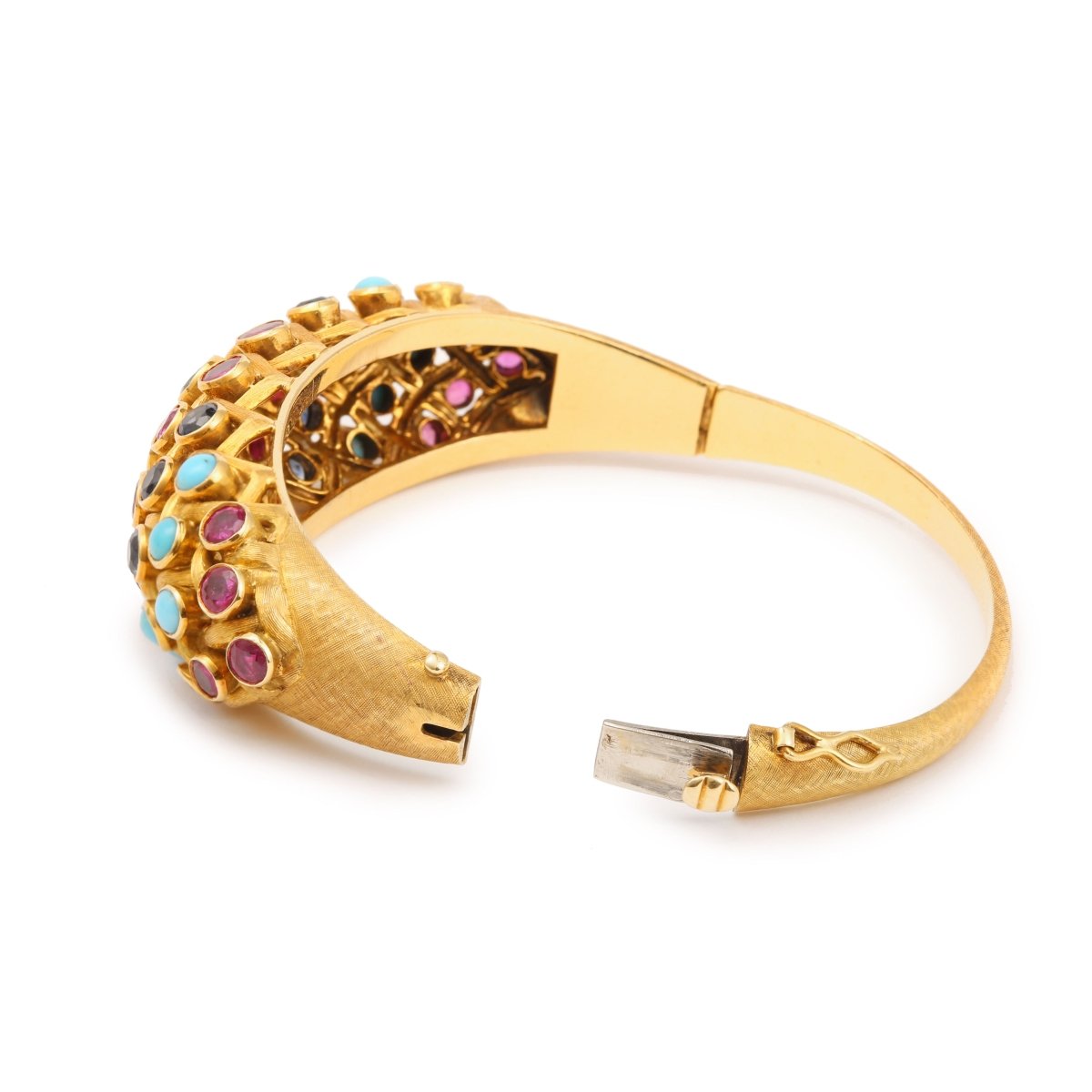 Bracelet Vintage Jonc Bombé Saphirs, Rubis, Emeraudes, Turquoises Or Jaune 18 Carats - Castafiore