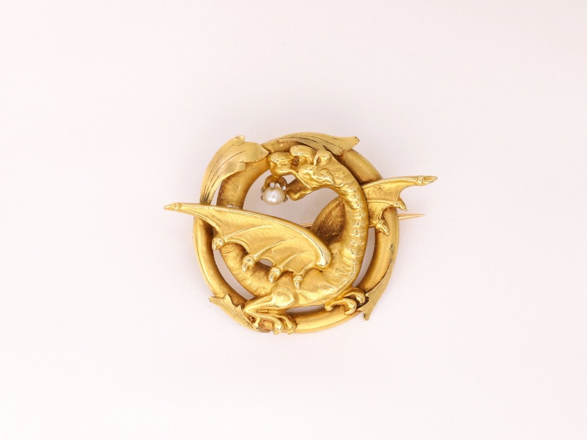 Broche ancienne chimère en or 18k et perle fine - fin du XIXe siècle - Castafiore
