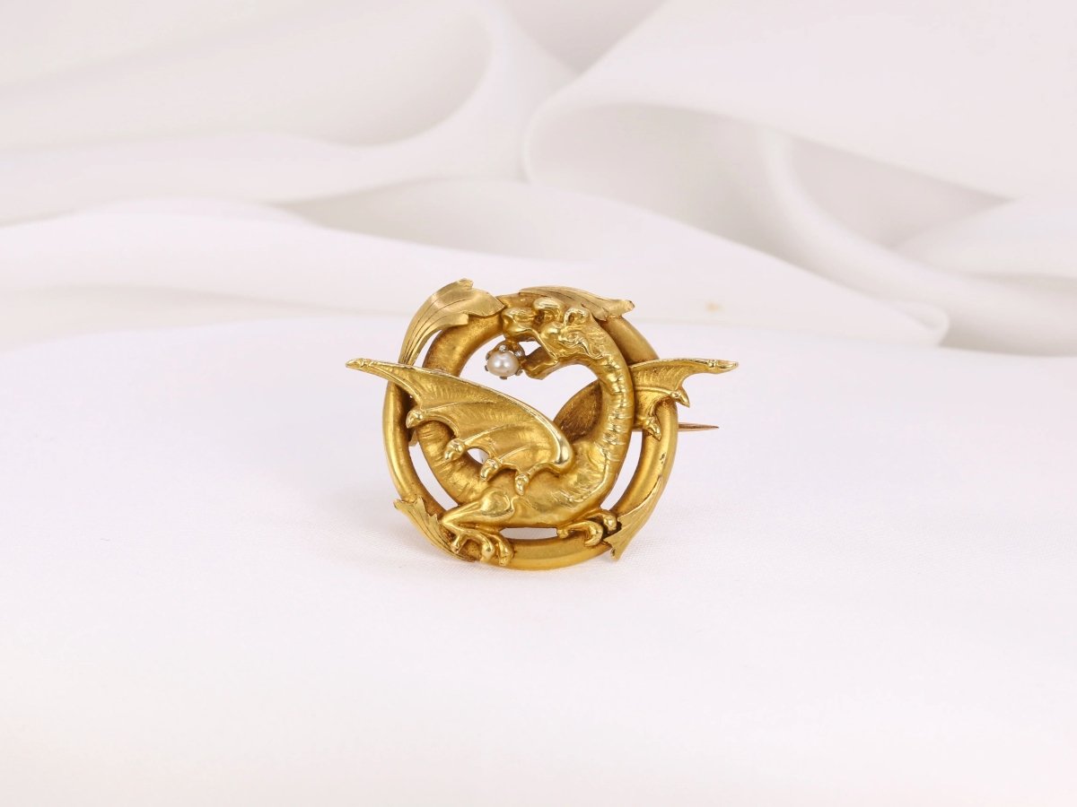 Broche ancienne chimère en or 18k et perle fine - fin du XIXe siècle - Castafiore