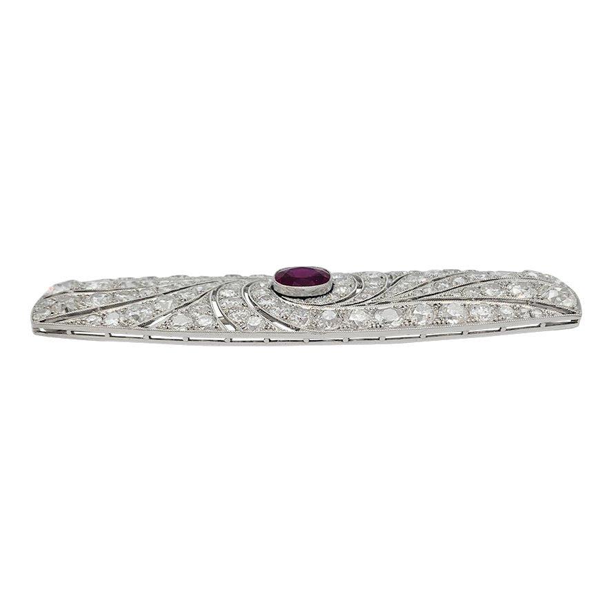 Broche Art Déco en platine, rubis et diamants - Castafiore