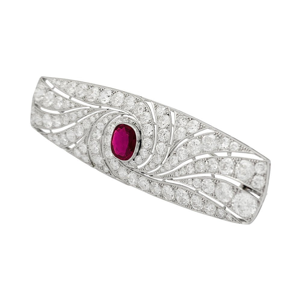 Broche Art Déco en platine, rubis et diamants - Castafiore
