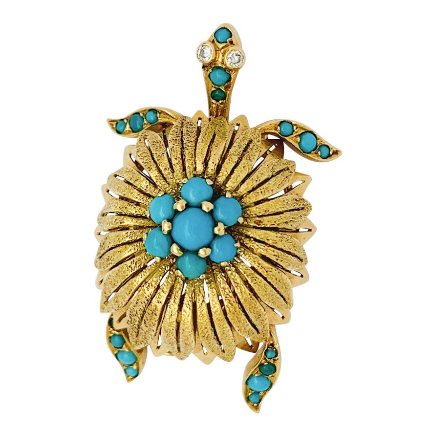 Broche Civanyan, "Tortue", or jaune, turquoises - Castafiore