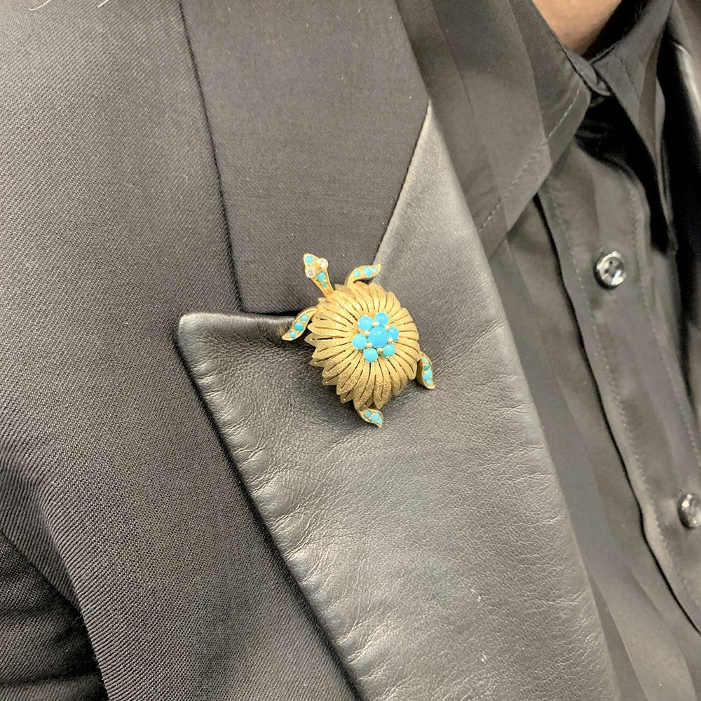 Broche Civanyan, "Tortue", or jaune, turquoises - Castafiore