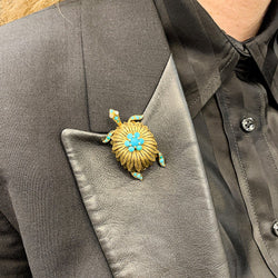 Broche Civanyan, "Tortue", or jaune, turquoises - Castafiore