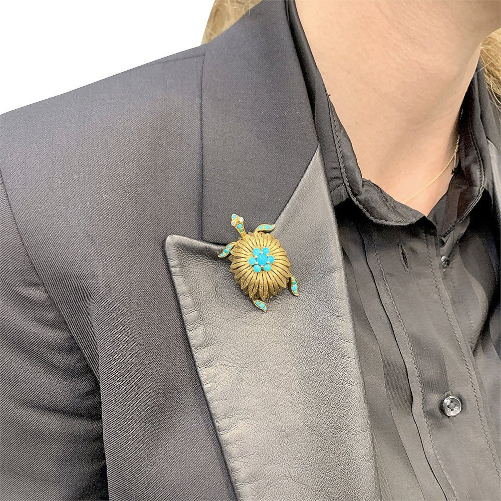 Broche Civanyan, "Tortue", or jaune, turquoises - Castafiore