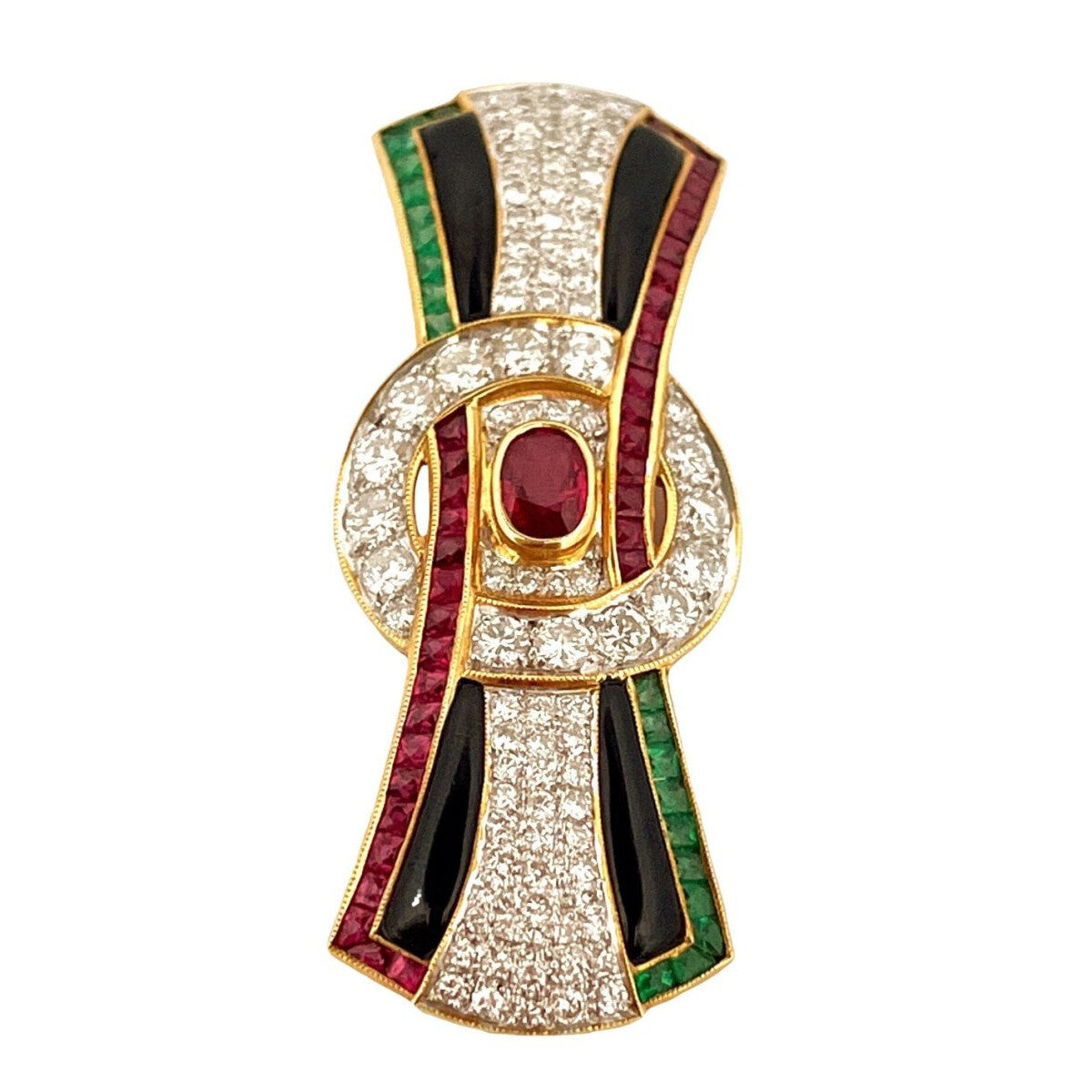 Broche Clip en or jaune et en rubis, émeraudes, onyx et diamants - Castafiore