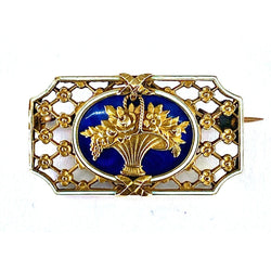 Broche en or 18 carats : panier fleuri , émail bleu et blanc.Napoléon III. - Castafiore
