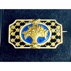 Broche en or 18 carats : panier fleuri , émail bleu et blanc.Napoléon III. - Castafiore