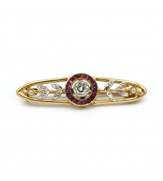 Broche en or jaune, diamants, perles et rubis - Castafiore
