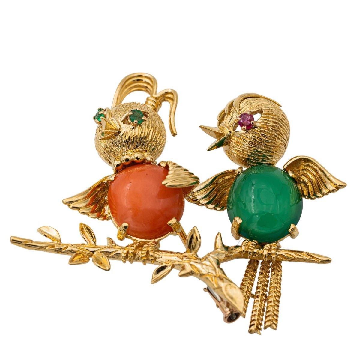 Broche Épingle Oiseaux en or jaune, émeraude, rubis, chrysoprase et corail - Castafiore