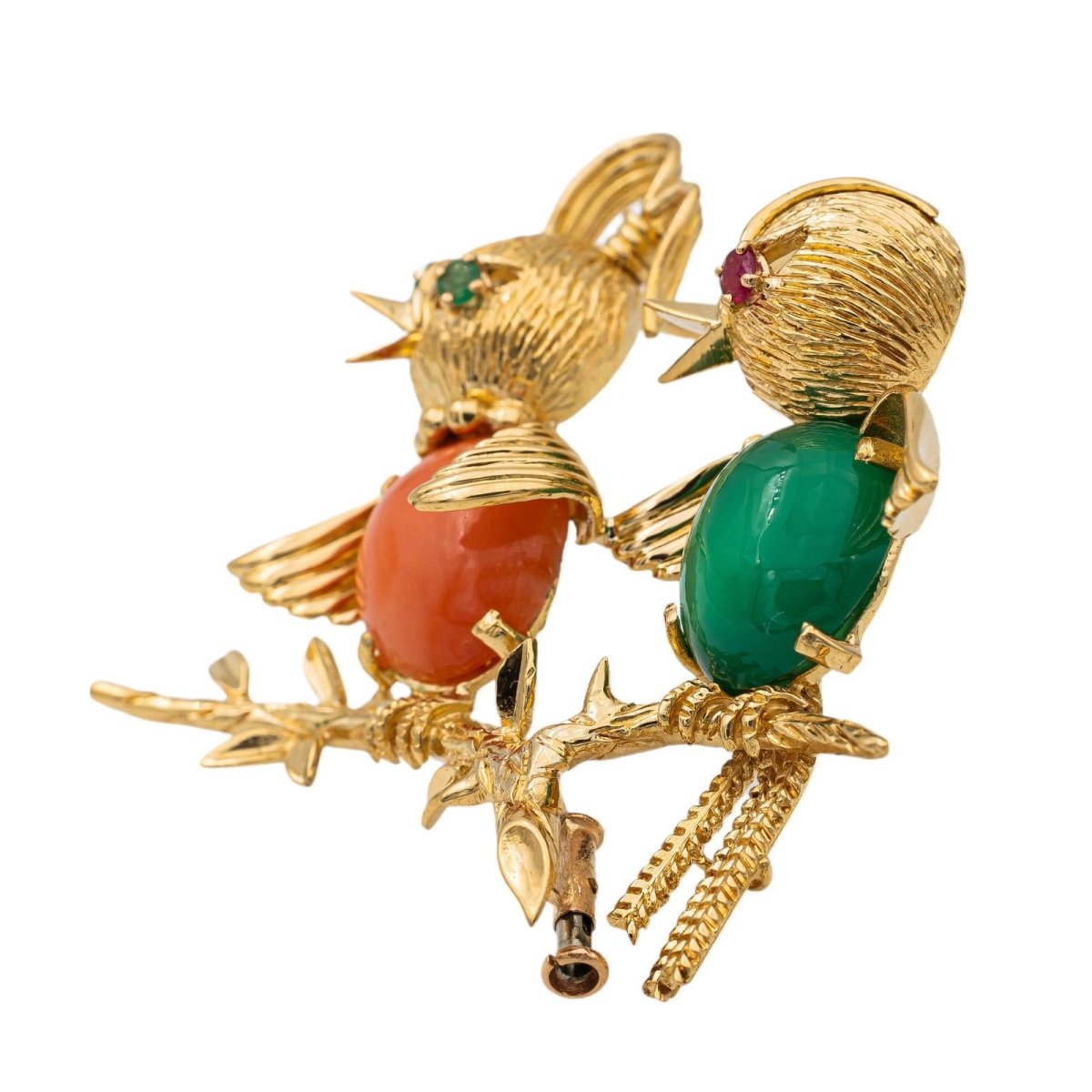 Broche Épingle Oiseaux en or jaune, émeraude, rubis, chrysoprase et corail - Castafiore