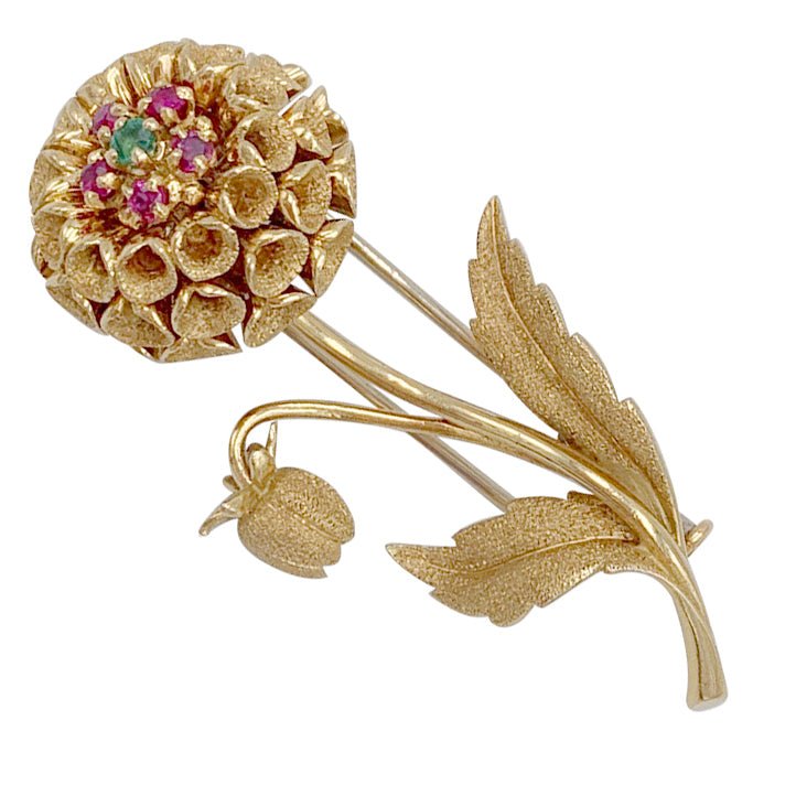 Broche fleur or jaune, pierres de couleur - Castafiore