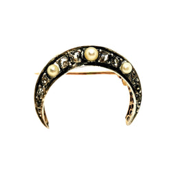 Broche lune en or jaune, argent, perles et diamants - Castafiore