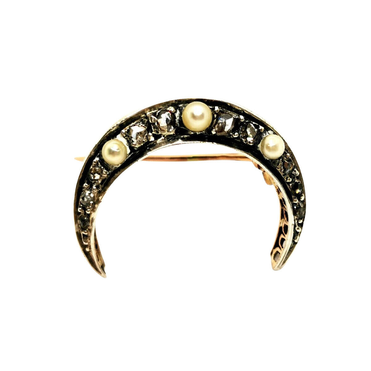Broche lune en or jaune, argent, perles et diamants - Castafiore