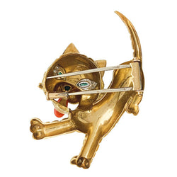 Broche Mauboussin "Chat" en or jaune, corail, diamants et émeraudes - Castafiore
