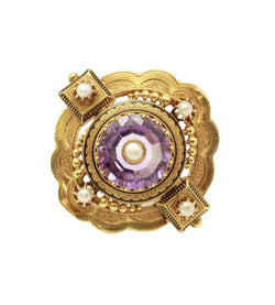 Broche Napoléon III en or jaune, perles et améthyste - Castafiore