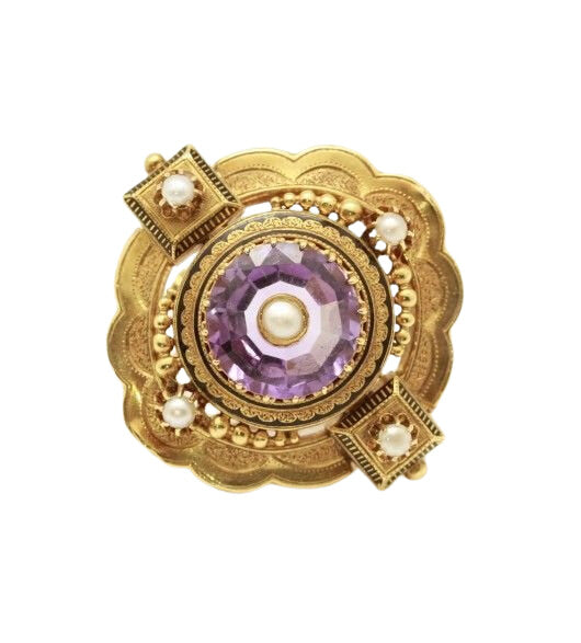 Broche Napoléon III en or jaune, perles et améthyste - Castafiore