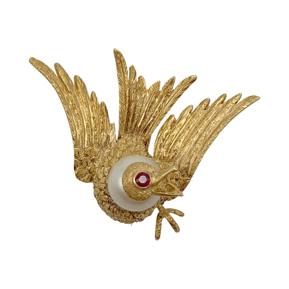 Broche oiseau en or jaune, rubis, perle - Castafiore