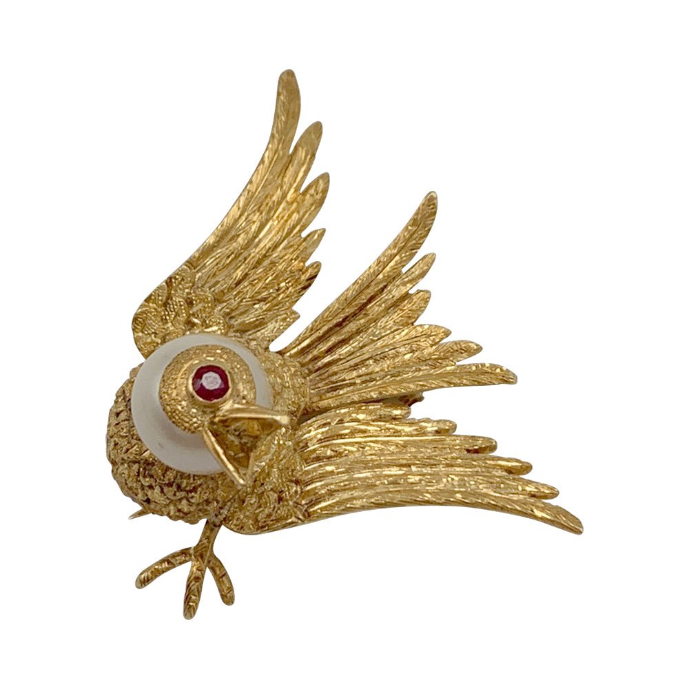 Broche oiseau en or jaune, rubis, perle - Castafiore