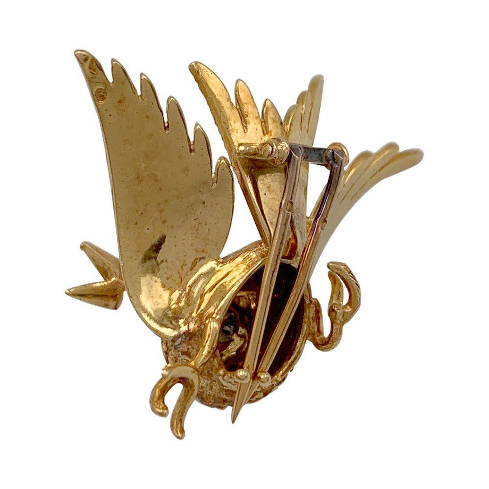 Broche oiseau en or jaune, rubis, perle - Castafiore