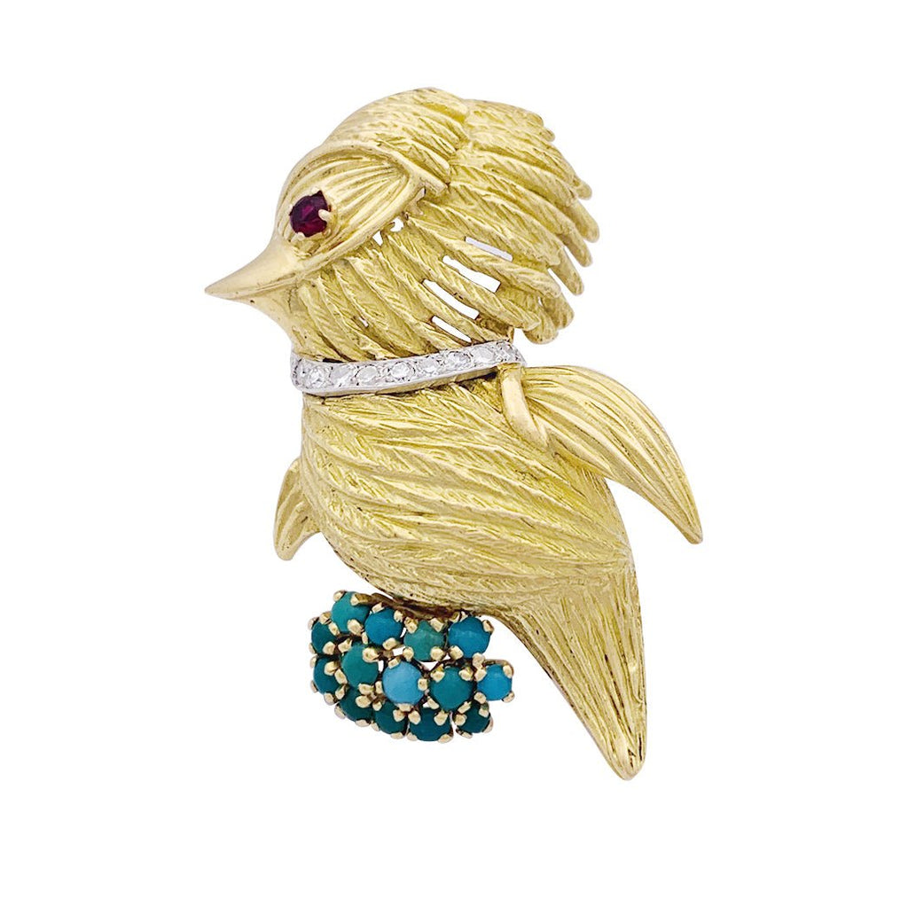 Broche Oiseau en or jaune, rubis, turquoises et diamants - Castafiore