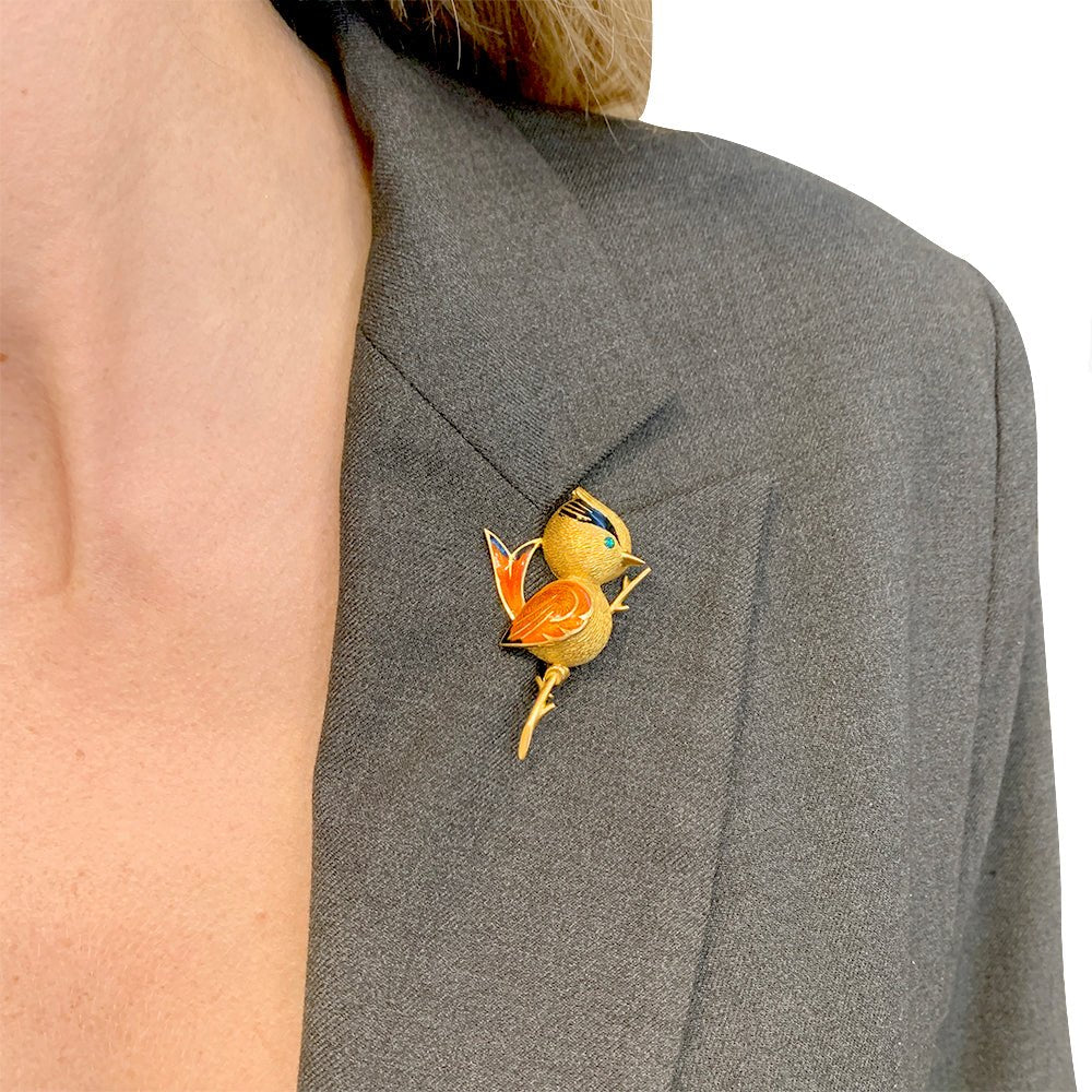 Broche "Oiseau Huppé" or jaune, émeraude, émail - Castafiore