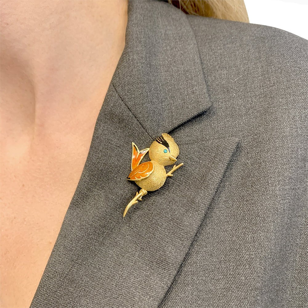 Broche "Oiseau Huppé" or jaune, émeraude, émail - Castafiore