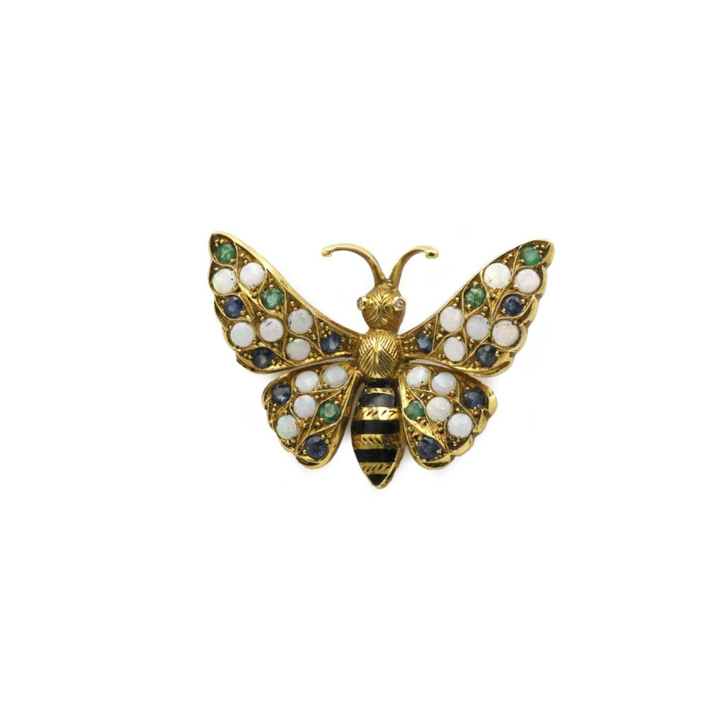 Broche Papillon en or jaune, opales, saphirs et émeraudes - Castafiore
