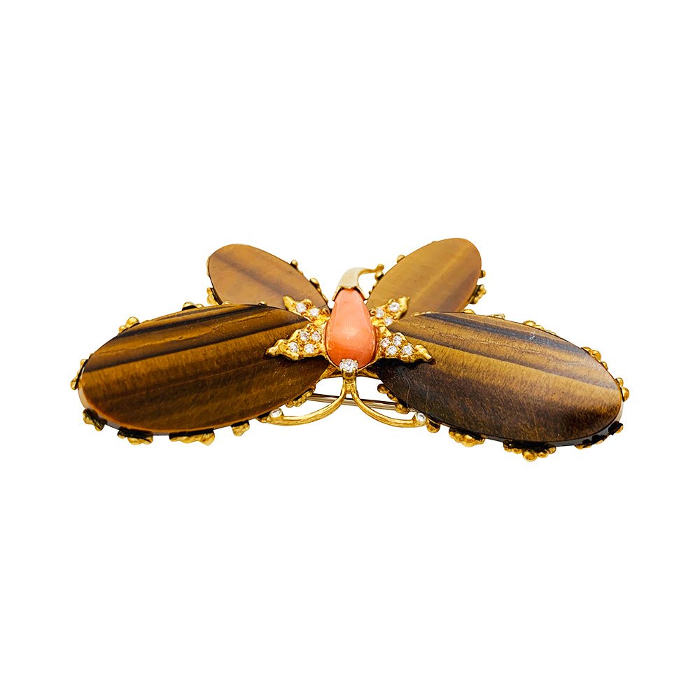 Broche Papillon FRED, or jaune, corail, diamants et oeil de tigre - Castafiore