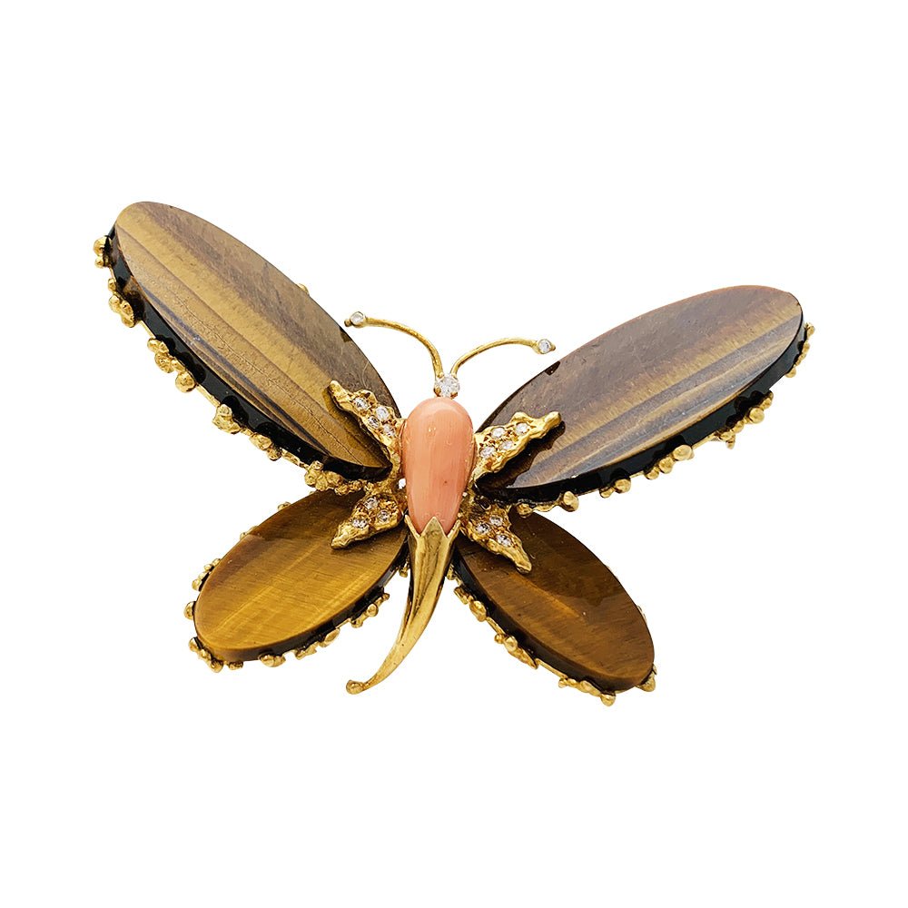 Broche Papillon FRED, or jaune, corail, diamants et oeil de tigre - Castafiore