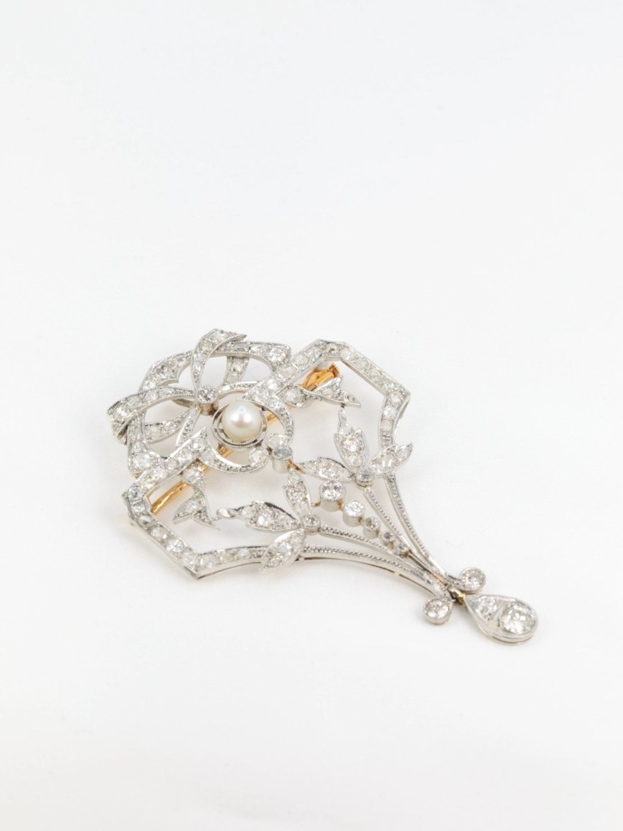 Broche Pendentif Belle Epoque en or, platine, perle et diamants - Castafiore