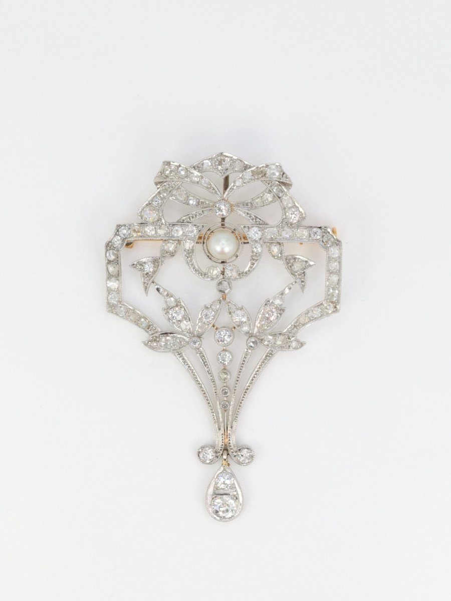 Broche Pendentif Belle Epoque en or, platine, perle et diamants - Castafiore
