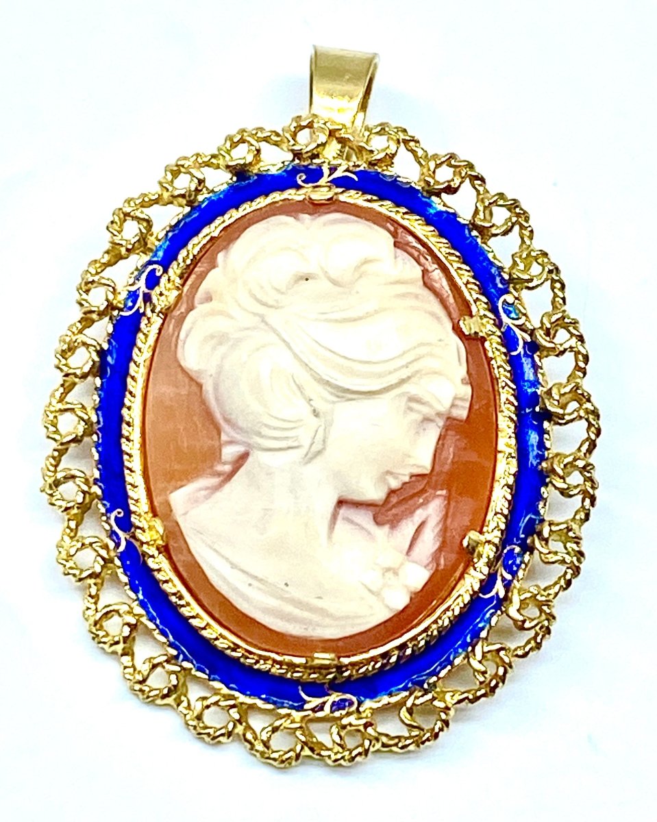 Broche pendentif en or jaune 18 carats et camée profil de femme - Castafiore