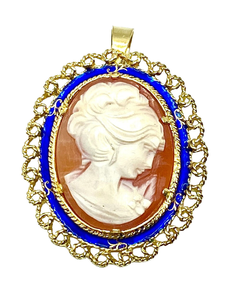 Broche pendentif en or jaune 18 carats et camée profil de femme - Castafiore