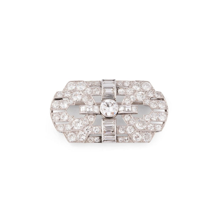 Fabuleuse broche Art Déco 1935 en platine avec 17,72 carats de diamants et émera