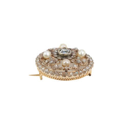 Broche ronde en or, diamants taillés en rose et perles fines - Castafiore