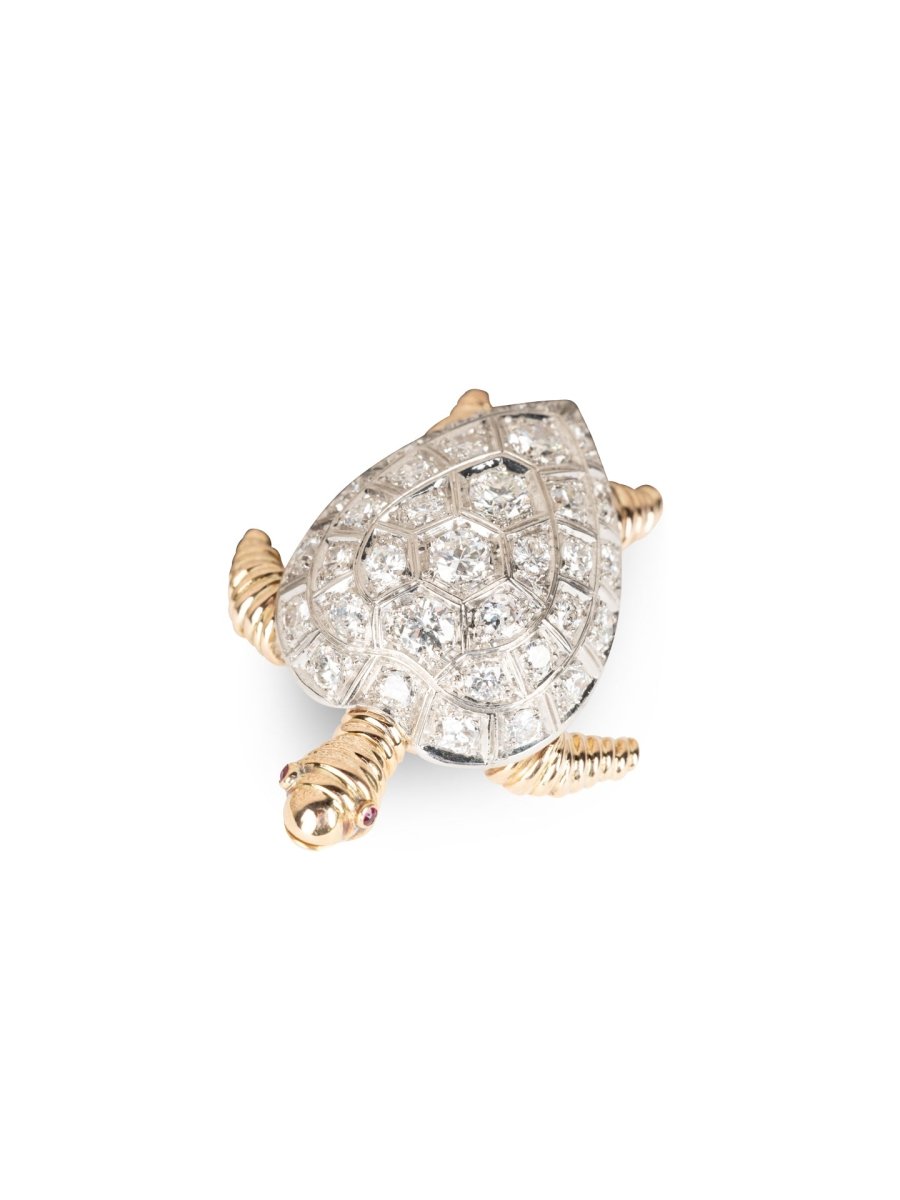 Broche Tortue en or jaune et diamants avec deux saphirs roses - Castafiore