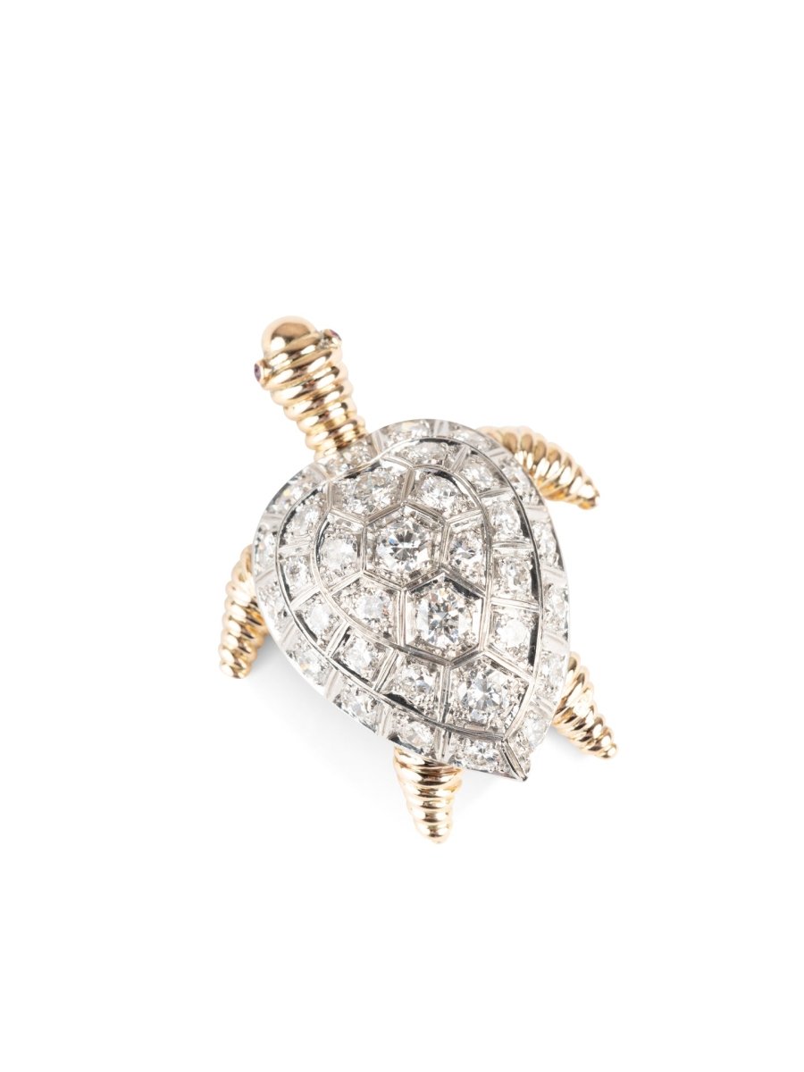Broche Tortue en or jaune et diamants avec deux saphirs roses - Castafiore