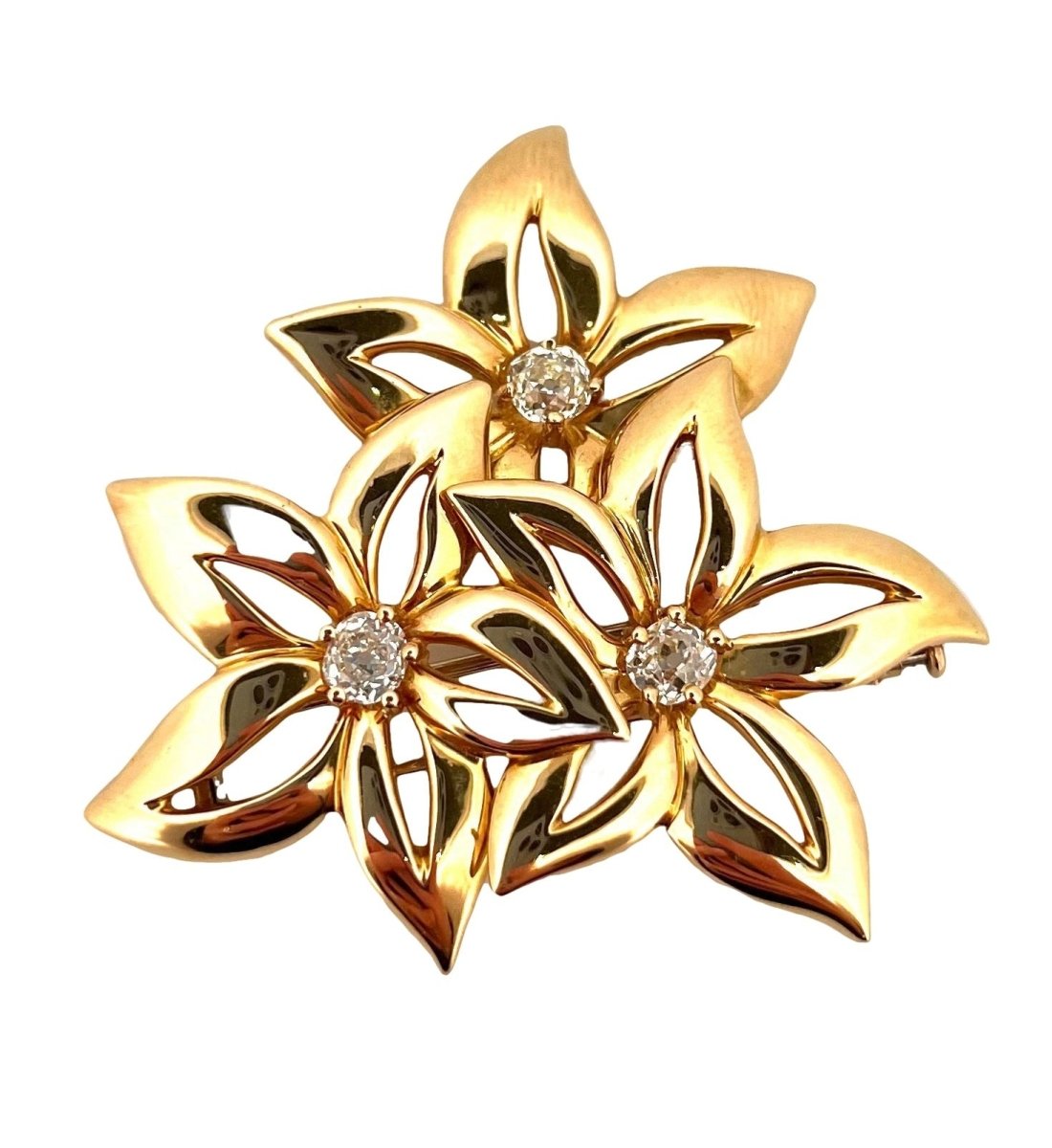 Broche Trois Fleurs en or jaune et diamants - Castafiore