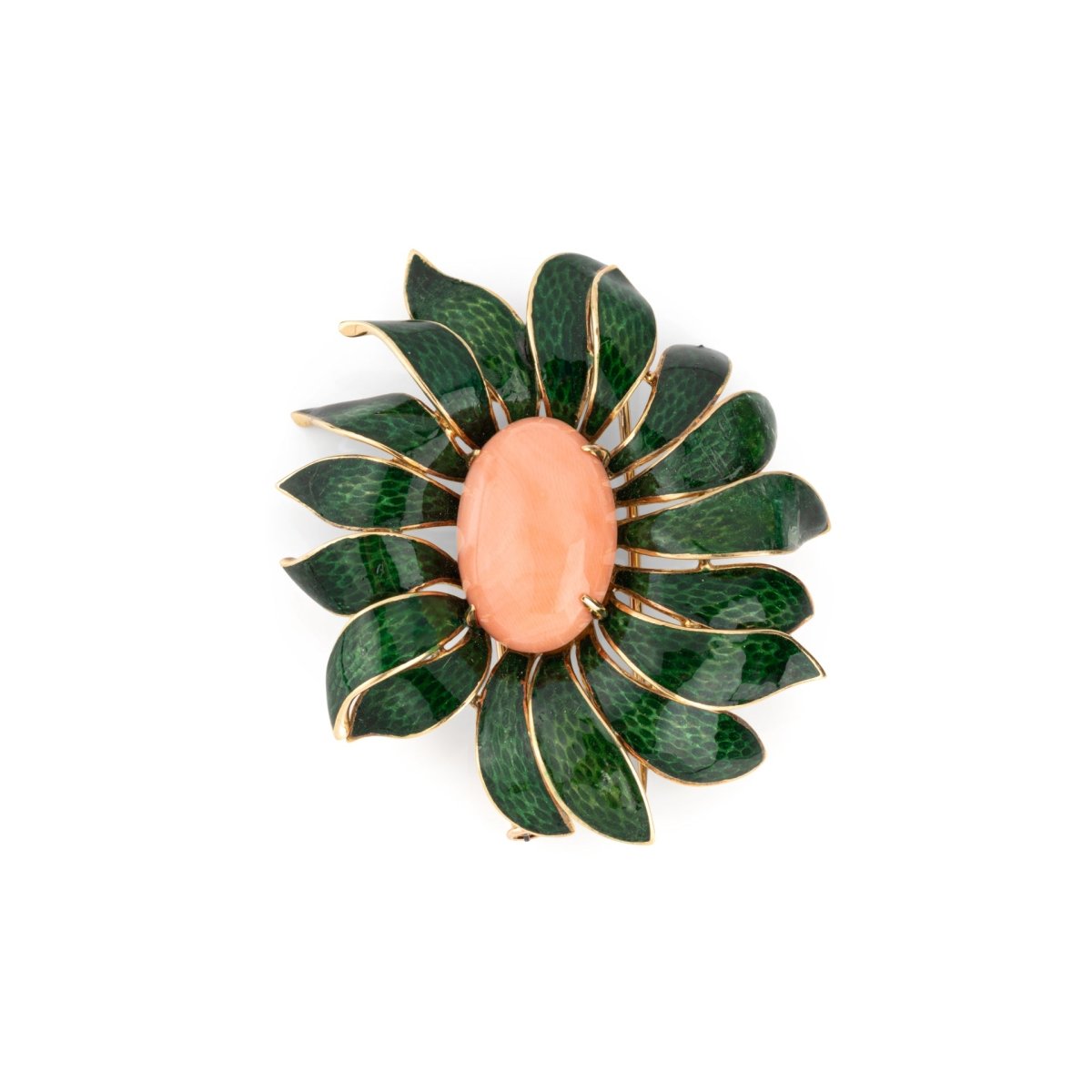 Broche VAN CLEEF & ARPELS en or jaune, émail vert et corail - Castafiore