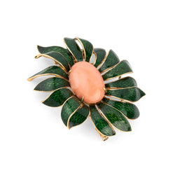 Broche VAN CLEEF & ARPELS en or jaune, émail vert et corail - Castafiore
