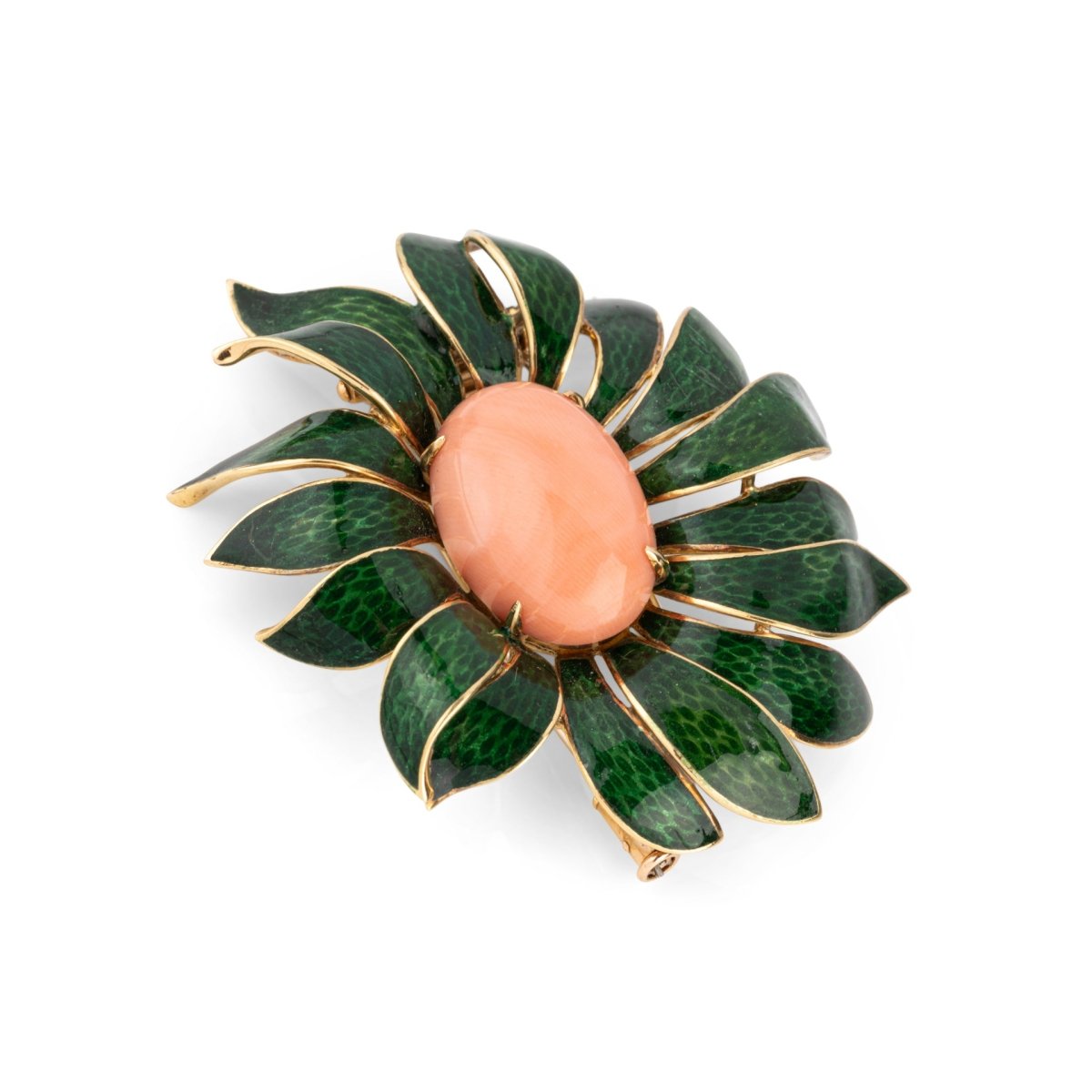 Broche VAN CLEEF & ARPELS en or jaune, émail vert et corail - Castafiore