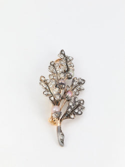 Broche victorienne feuille en or, argent diamants et perles fines - circa 1880 - Castafiore