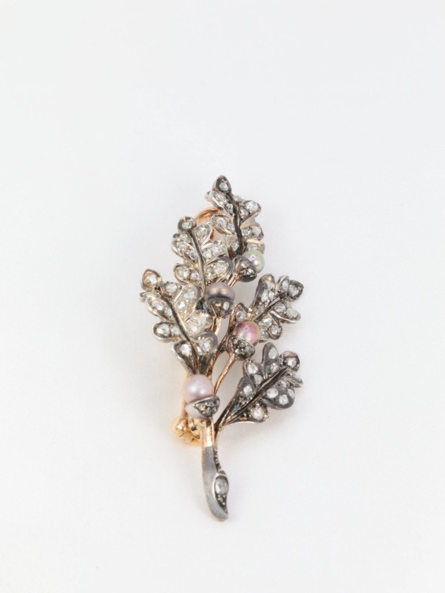 Broche victorienne feuille en or, argent diamants et perles fines - circa 1880 - Castafiore