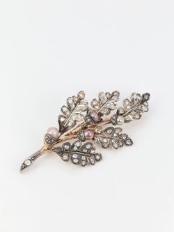 Broche victorienne feuille en or, argent diamants et perles fines - circa 1880 - Castafiore
