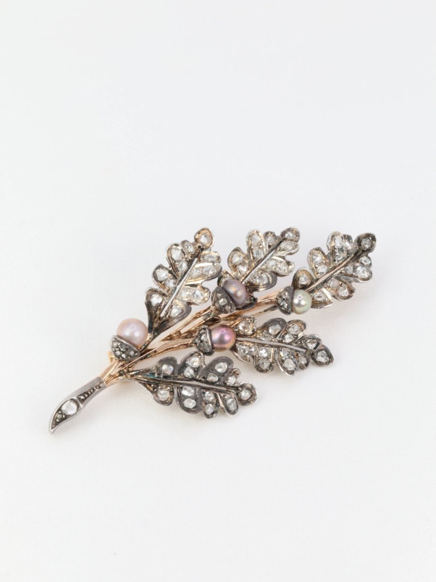 Broche victorienne feuille en or, argent diamants et perles fines - circa 1880 - Castafiore